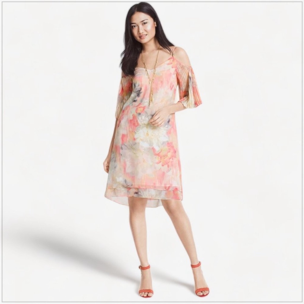 White House Black Market Pleated Sleeve Watercolor Dress